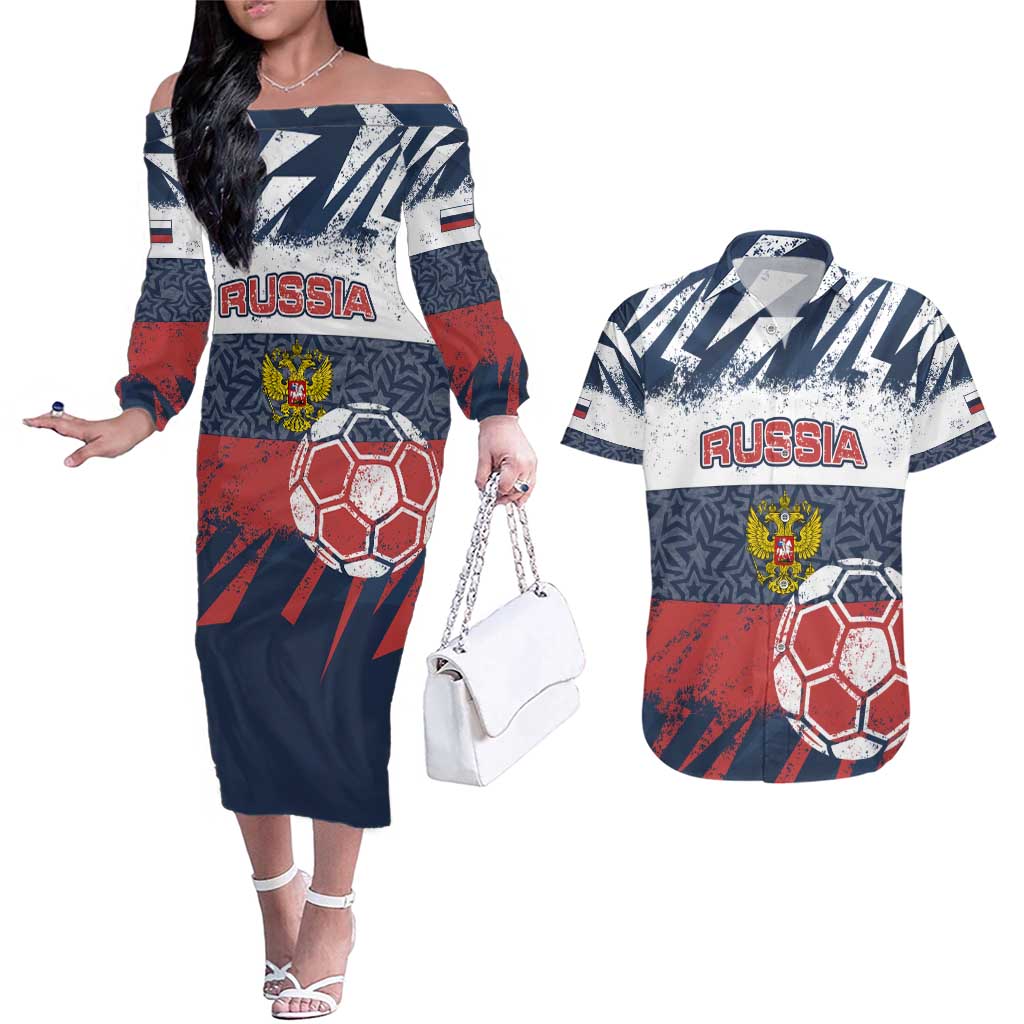 Personalized Russia Athletics Couples Matching Off The Shoulder Long Sleeve Dress and Hawaiian Shirt with Soccer Ball, National Emblem, and Grunge Flag Design