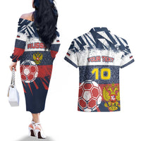 Personalized Russia Athletics Couples Matching Off The Shoulder Long Sleeve Dress and Hawaiian Shirt with Soccer Ball, National Emblem, and Grunge Flag Design
