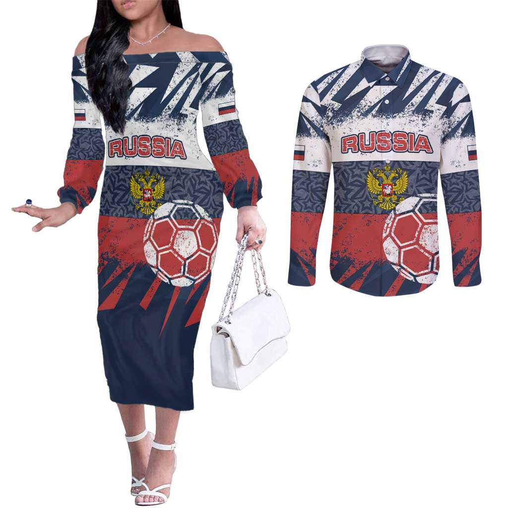 Personalized Russia Athletics Couples Matching Off The Shoulder Long Sleeve Dress and Long Sleeve Button Shirt with Soccer Ball, National Emblem, and Grunge Flag Design