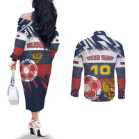 Personalized Russia Athletics Couples Matching Off The Shoulder Long Sleeve Dress and Long Sleeve Button Shirt with Soccer Ball, National Emblem, and Grunge Flag Design