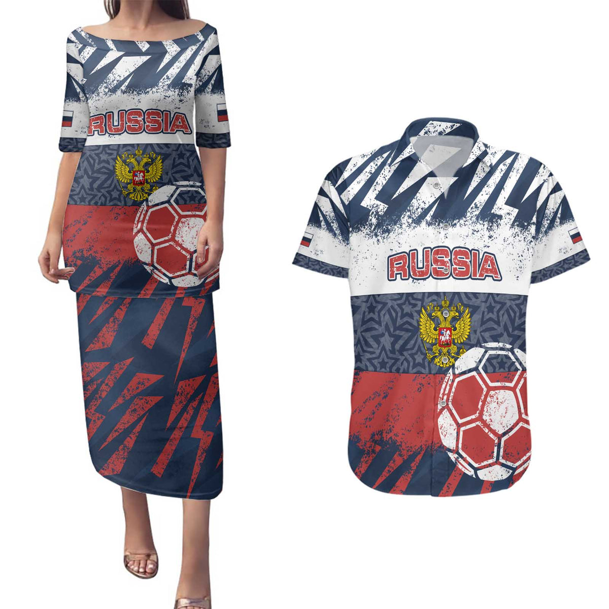 Personalized Russia Athletics Couples Matching Puletasi and Hawaiian Shirt with Soccer Ball, National Emblem, and Grunge Flag Design