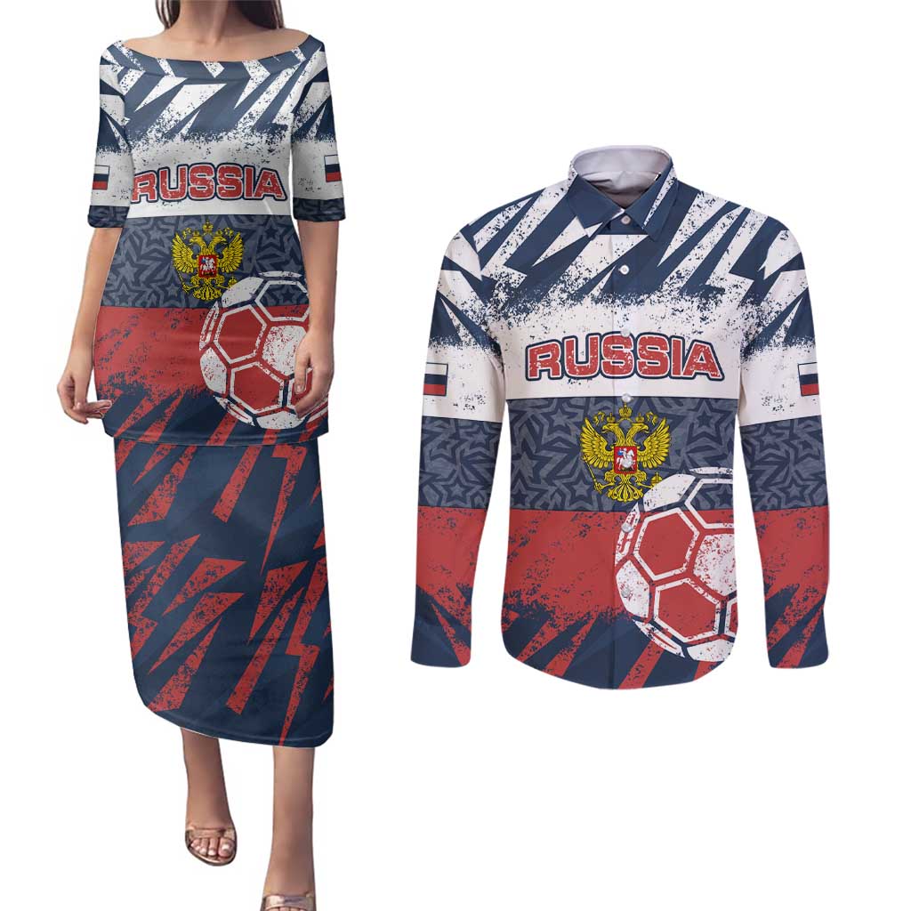 Personalized Russia Athletics Couples Matching Puletasi and Long Sleeve Button Shirt with Soccer Ball, National Emblem, and Grunge Flag Design