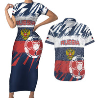 Personalized Russia Athletics Couples Matching Short Sleeve Bodycon Dress and Hawaiian Shirt with Soccer Ball, National Emblem, and Grunge Flag Design
