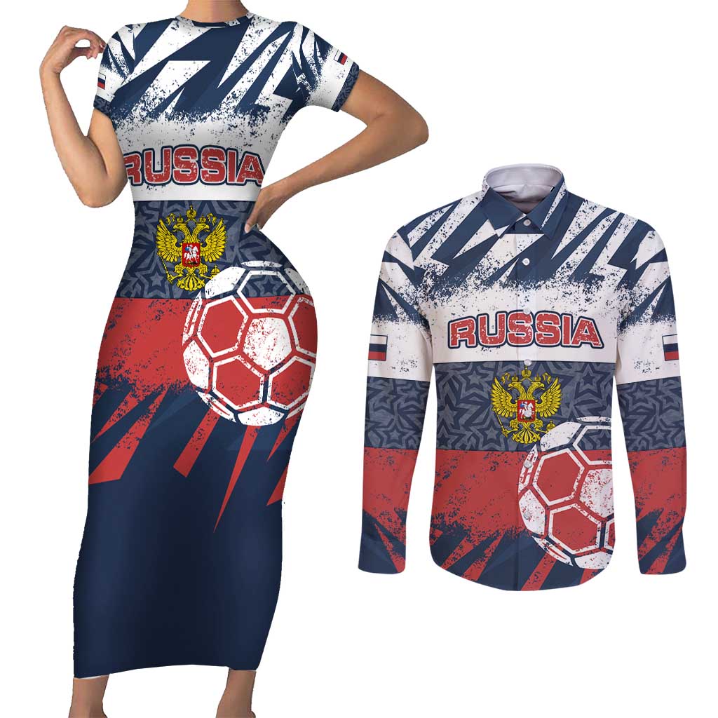 Personalized Russia Athletics Couples Matching Short Sleeve Bodycon Dress and Long Sleeve Button Shirt with Soccer Ball, National Emblem, and Grunge Flag Design