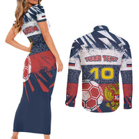 Personalized Russia Athletics Couples Matching Short Sleeve Bodycon Dress and Long Sleeve Button Shirt with Soccer Ball, National Emblem, and Grunge Flag Design