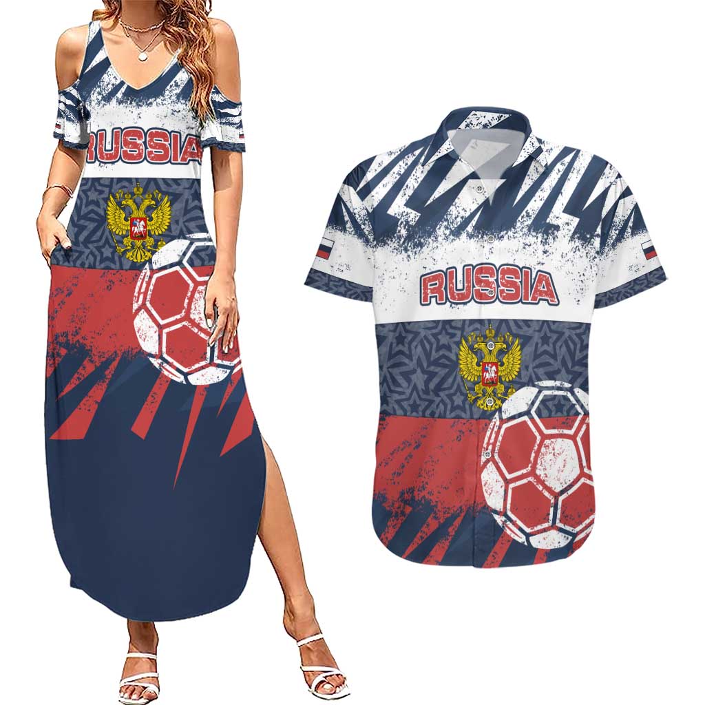 Personalized Russia Athletics Couples Matching Summer Maxi Dress and Hawaiian Shirt with Soccer Ball, National Emblem, and Grunge Flag Design