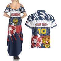Personalized Russia Athletics Couples Matching Summer Maxi Dress and Hawaiian Shirt with Soccer Ball, National Emblem, and Grunge Flag Design