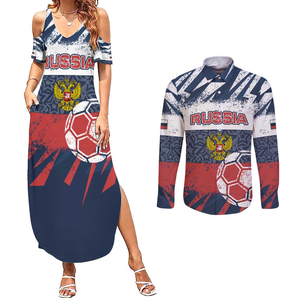 Personalized Russia Athletics Couples Matching Summer Maxi Dress and Long Sleeve Button Shirt with Soccer Ball, National Emblem, and Grunge Flag Design