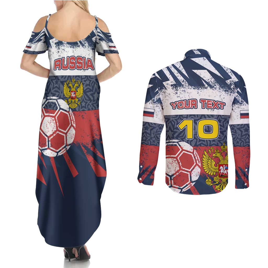 Personalized Russia Athletics Couples Matching Summer Maxi Dress and Long Sleeve Button Shirt with Soccer Ball, National Emblem, and Grunge Flag Design