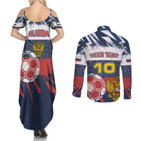 Personalized Russia Athletics Couples Matching Summer Maxi Dress and Long Sleeve Button Shirt with Soccer Ball, National Emblem, and Grunge Flag Design