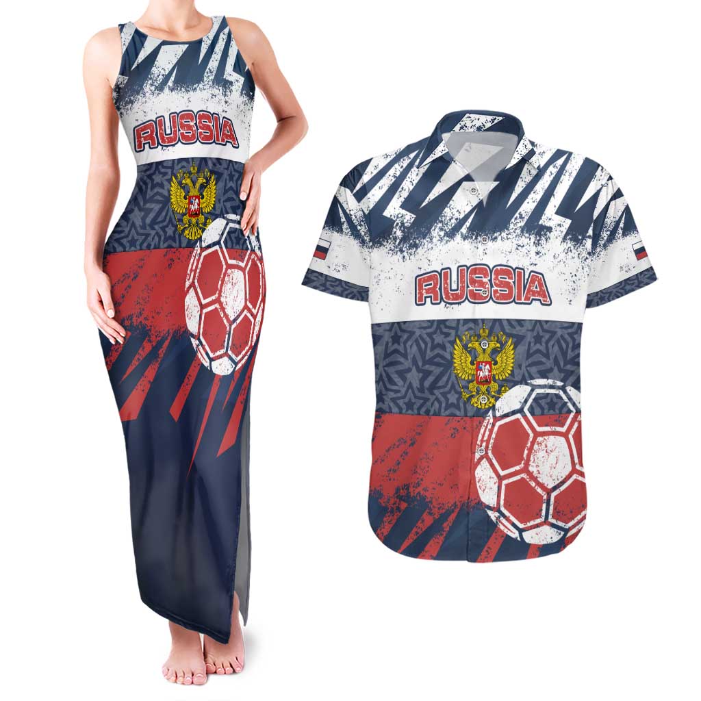Personalized Russia Athletics Couples Matching Tank Maxi Dress and Hawaiian Shirt with Soccer Ball, National Emblem, and Grunge Flag Design