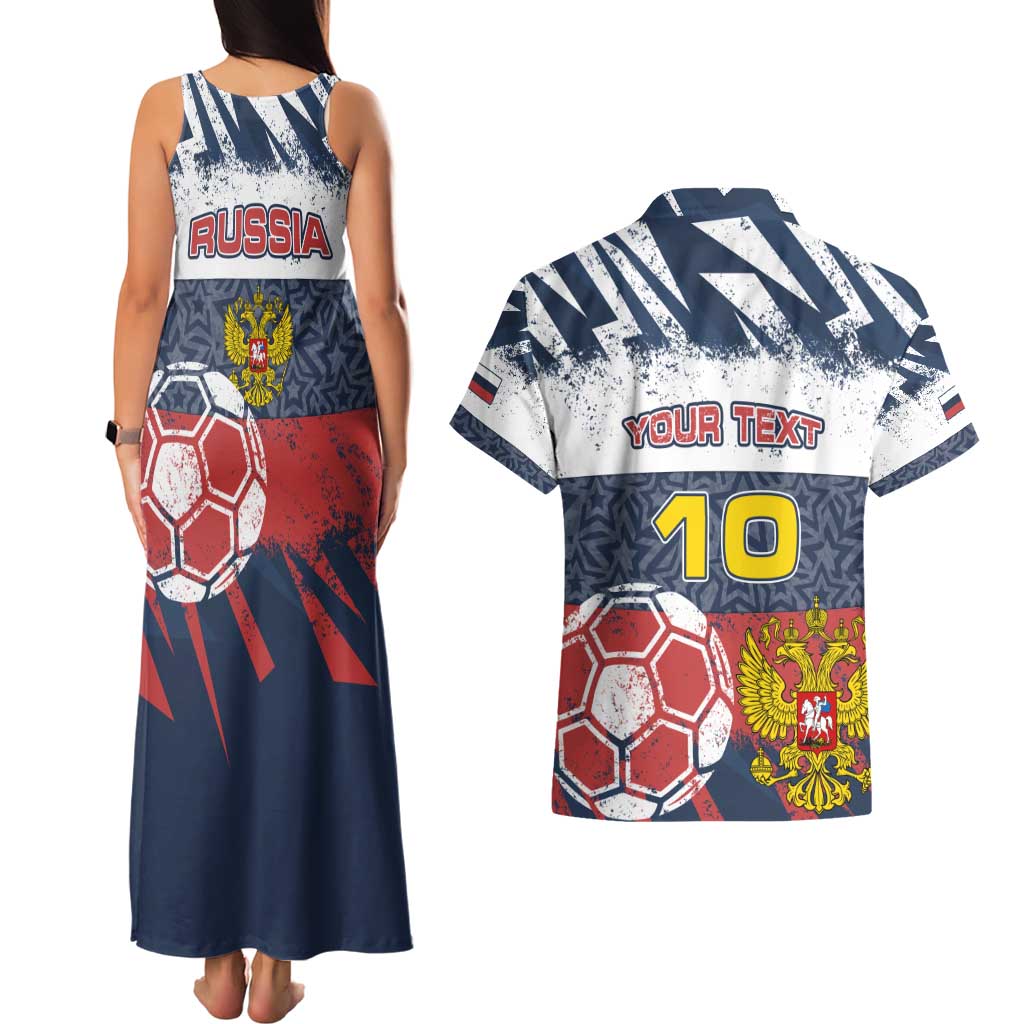 Personalized Russia Athletics Couples Matching Tank Maxi Dress and Hawaiian Shirt with Soccer Ball, National Emblem, and Grunge Flag Design
