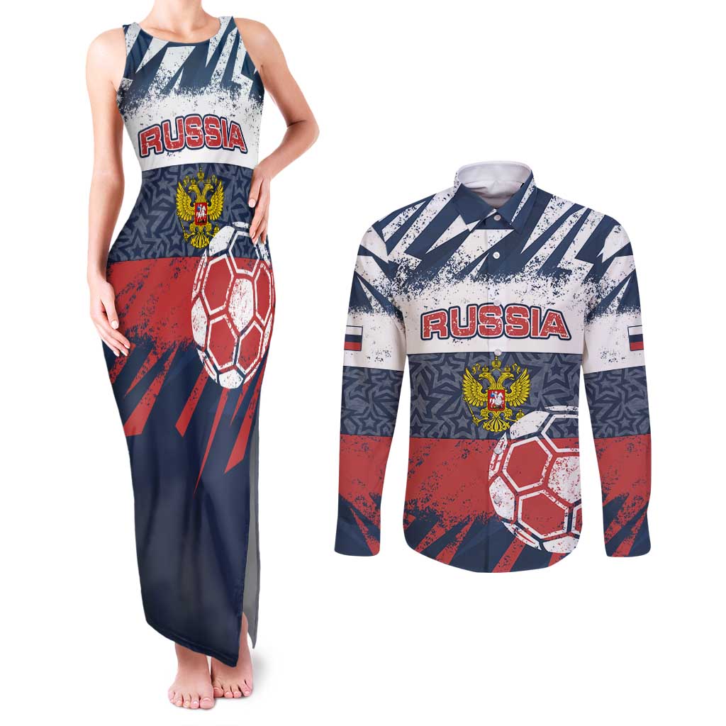 Personalized Russia Athletics Couples Matching Tank Maxi Dress and Long Sleeve Button Shirt with Soccer Ball, National Emblem, and Grunge Flag Design
