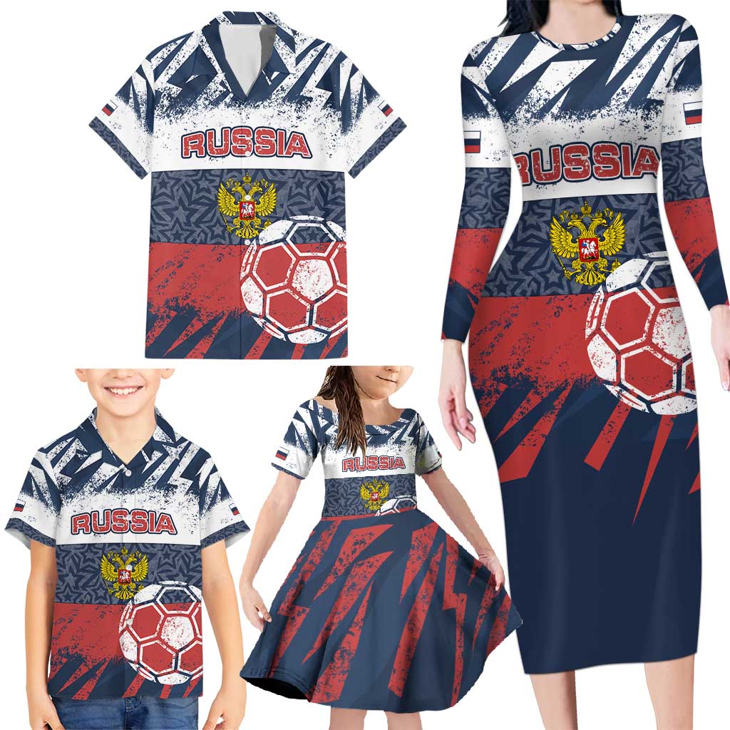 Personalized Russia Athletics Family Matching Long Sleeve Bodycon Dress and Hawaiian Shirt with Soccer Ball, National Emblem, and Grunge Flag Design