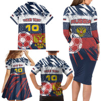 Personalized Russia Athletics Family Matching Long Sleeve Bodycon Dress and Hawaiian Shirt with Soccer Ball, National Emblem, and Grunge Flag Design