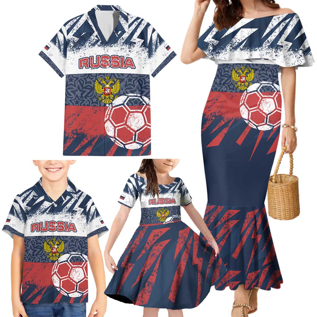 Personalized Russia Athletics Family Matching Mermaid Dress and Hawaiian Shirt with Soccer Ball, National Emblem, and Grunge Flag Design