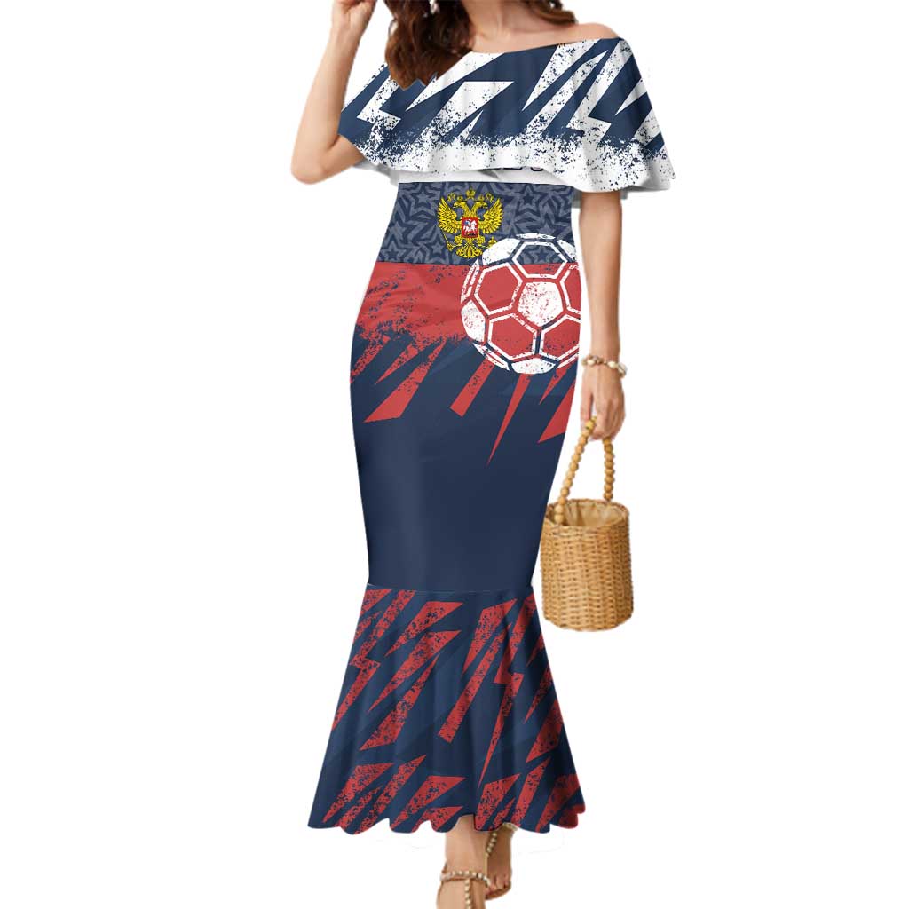 Personalized Russia Athletics Family Matching Mermaid Dress and Hawaiian Shirt with Soccer Ball, National Emblem, and Grunge Flag Design