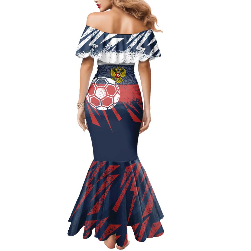 Personalized Russia Athletics Family Matching Mermaid Dress and Hawaiian Shirt with Soccer Ball, National Emblem, and Grunge Flag Design