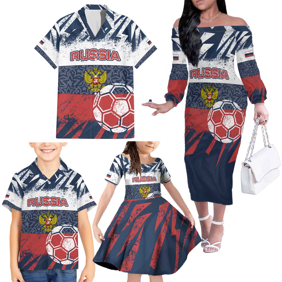 Personalized Russia Athletics Family Matching Off The Shoulder Long Sleeve Dress and Hawaiian Shirt with Soccer Ball, National Emblem, and Grunge Flag Design