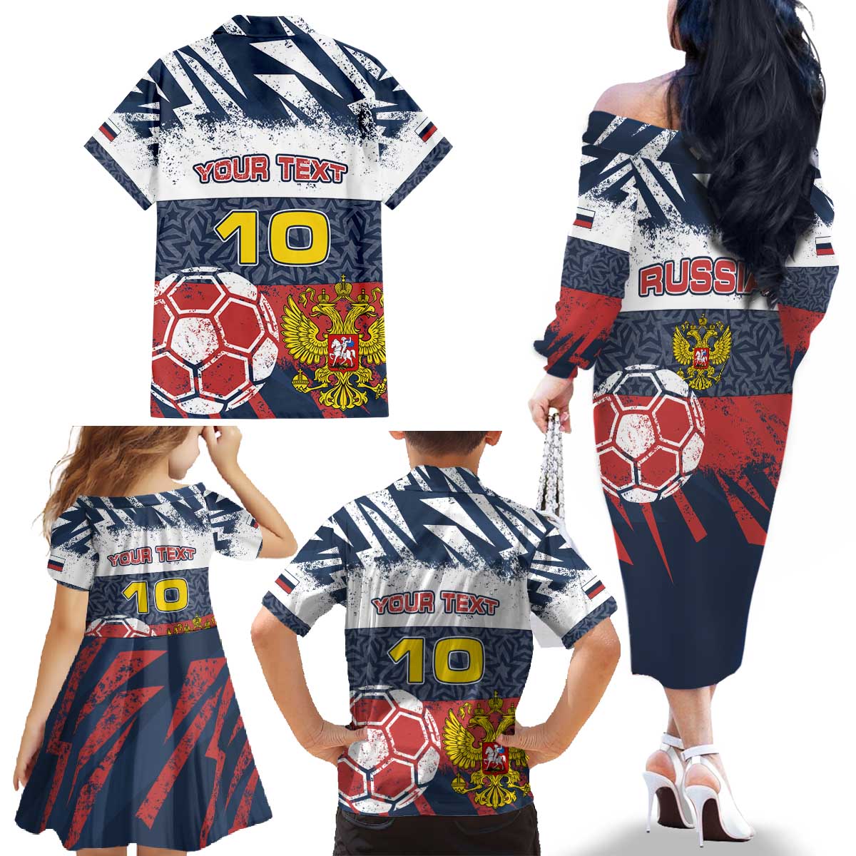 Personalized Russia Athletics Family Matching Off The Shoulder Long Sleeve Dress and Hawaiian Shirt with Soccer Ball, National Emblem, and Grunge Flag Design