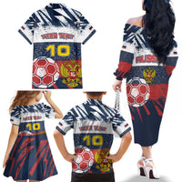 Personalized Russia Athletics Family Matching Off The Shoulder Long Sleeve Dress and Hawaiian Shirt with Soccer Ball, National Emblem, and Grunge Flag Design