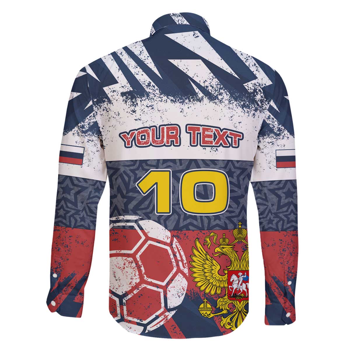 Personalized Russia Athletics Family Matching Off The Shoulder Long Sleeve Dress and Hawaiian Shirt with Soccer Ball, National Emblem, and Grunge Flag Design