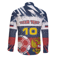 Personalized Russia Athletics Family Matching Off The Shoulder Long Sleeve Dress and Hawaiian Shirt with Soccer Ball, National Emblem, and Grunge Flag Design