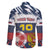 Personalized Russia Athletics Family Matching Off The Shoulder Long Sleeve Dress and Hawaiian Shirt with Soccer Ball, National Emblem, and Grunge Flag Design
