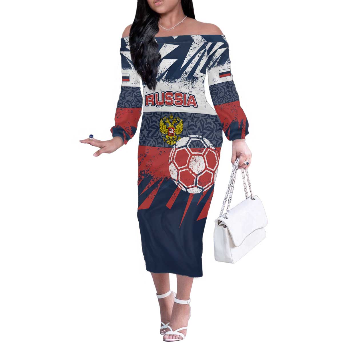 Personalized Russia Athletics Family Matching Off The Shoulder Long Sleeve Dress and Hawaiian Shirt with Soccer Ball, National Emblem, and Grunge Flag Design