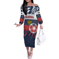 Personalized Russia Athletics Family Matching Off The Shoulder Long Sleeve Dress and Hawaiian Shirt with Soccer Ball, National Emblem, and Grunge Flag Design