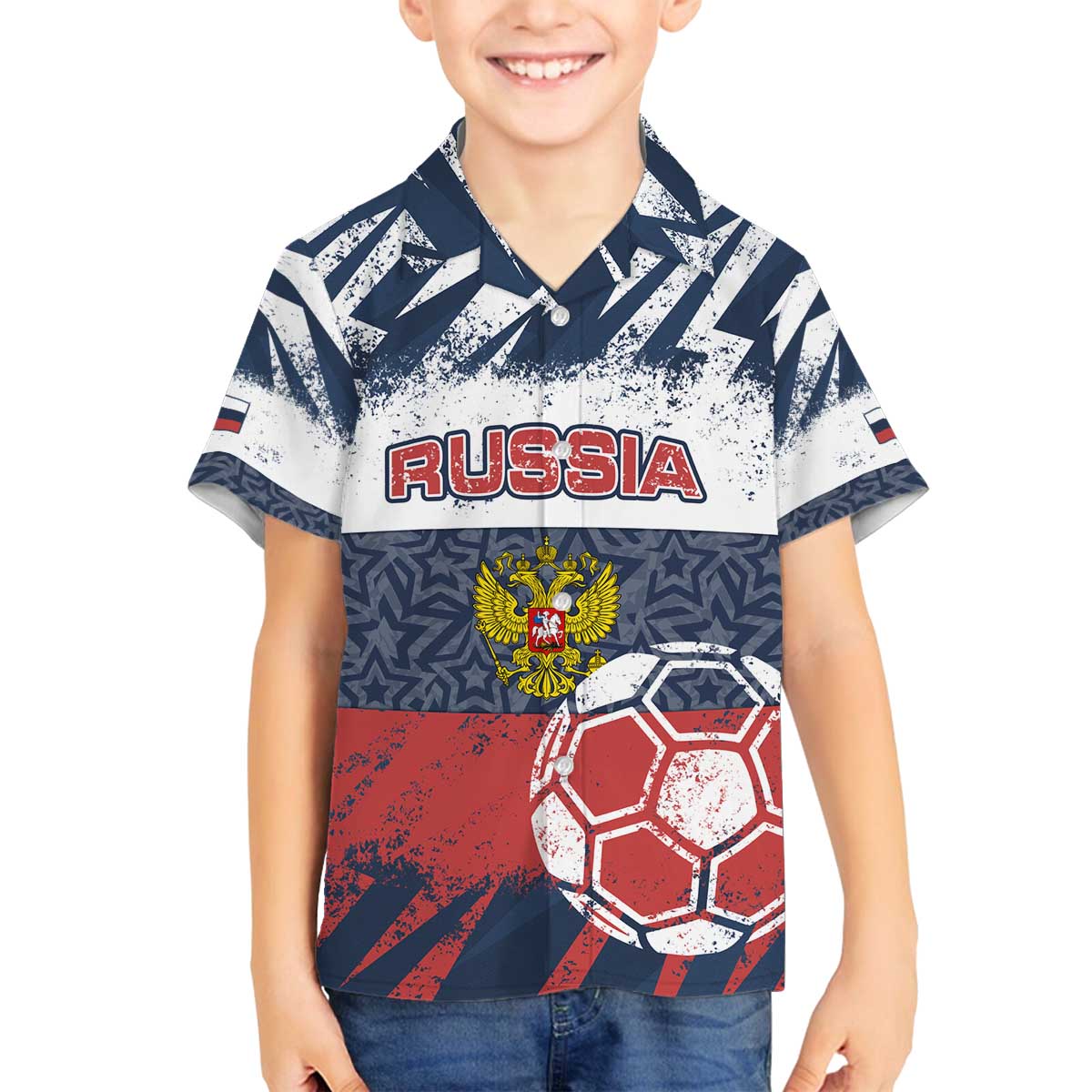 Personalized Russia Athletics Family Matching Off The Shoulder Long Sleeve Dress and Hawaiian Shirt with Soccer Ball, National Emblem, and Grunge Flag Design