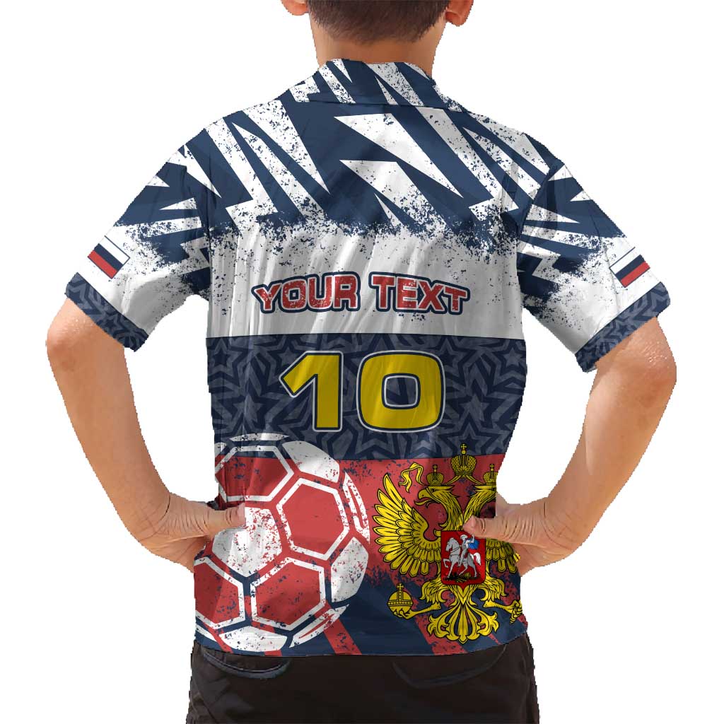 Personalized Russia Athletics Family Matching Off Shoulder Maxi Dress and Hawaiian Shirt with Soccer Ball, National Emblem, and Grunge Flag Design