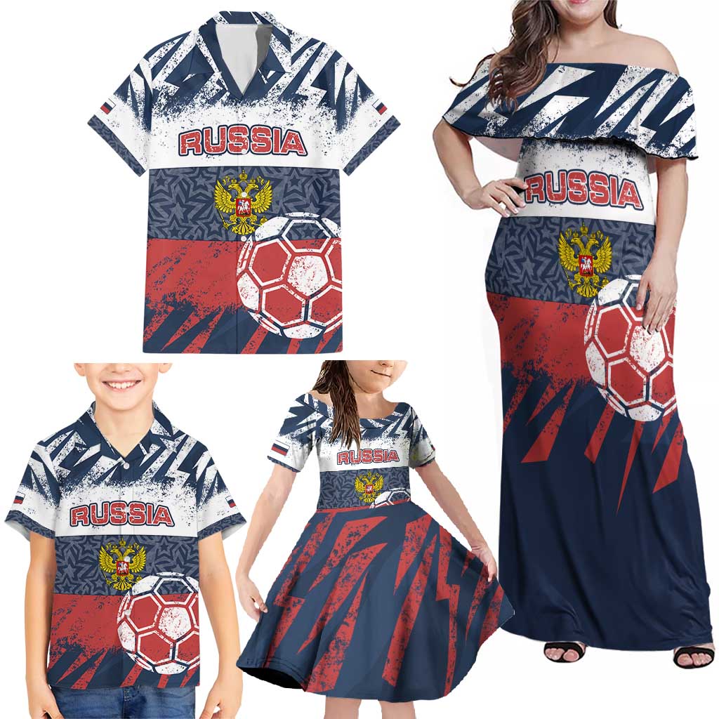 Personalized Russia Athletics Family Matching Off Shoulder Maxi Dress and Hawaiian Shirt with Soccer Ball, National Emblem, and Grunge Flag Design