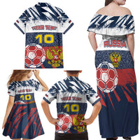 Personalized Russia Athletics Family Matching Off Shoulder Maxi Dress and Hawaiian Shirt with Soccer Ball, National Emblem, and Grunge Flag Design