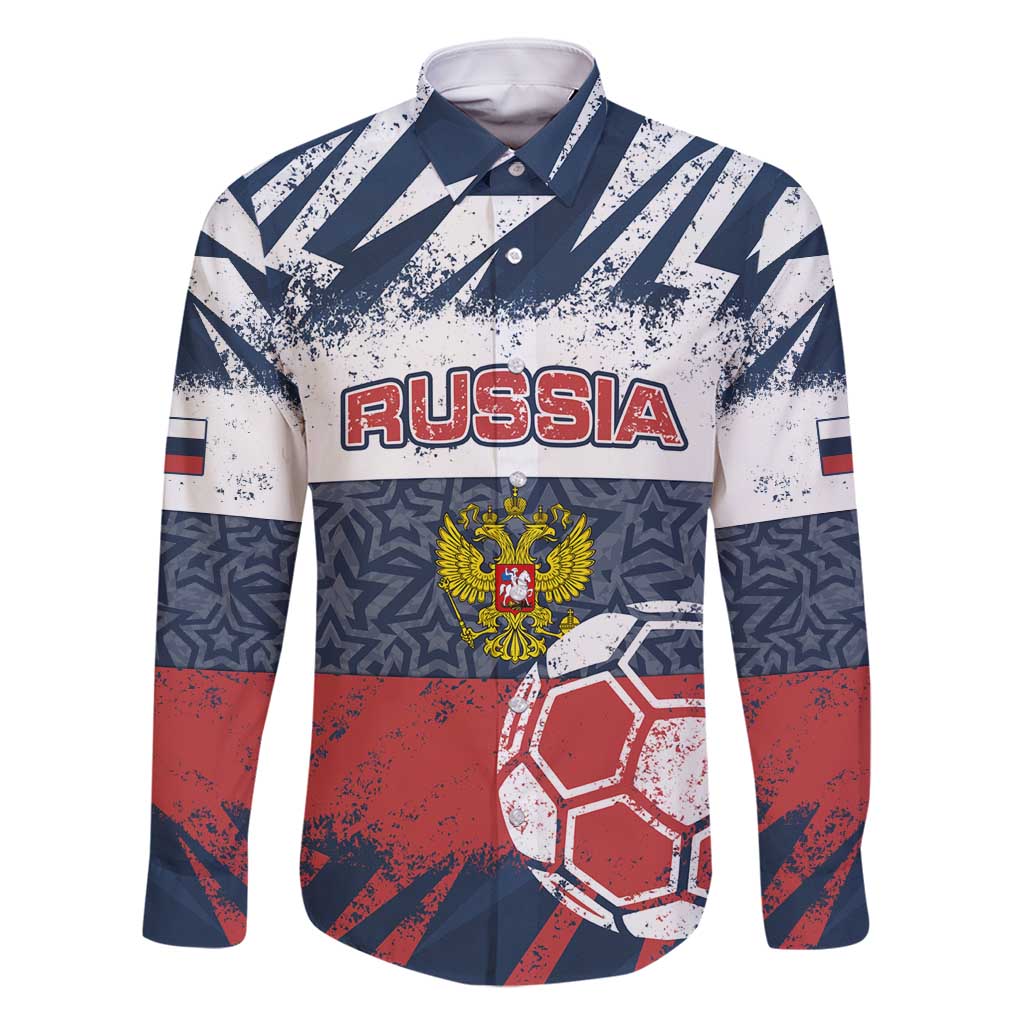 Personalized Russia Athletics Family Matching Off Shoulder Maxi Dress and Hawaiian Shirt with Soccer Ball, National Emblem, and Grunge Flag Design