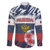 Personalized Russia Athletics Family Matching Off Shoulder Maxi Dress and Hawaiian Shirt with Soccer Ball, National Emblem, and Grunge Flag Design