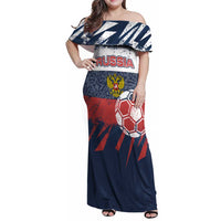 Personalized Russia Athletics Family Matching Off Shoulder Maxi Dress and Hawaiian Shirt with Soccer Ball, National Emblem, and Grunge Flag Design