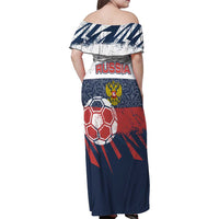 Personalized Russia Athletics Family Matching Off Shoulder Maxi Dress and Hawaiian Shirt with Soccer Ball, National Emblem, and Grunge Flag Design