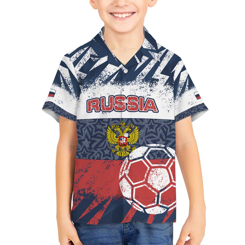 Personalized Russia Athletics Family Matching Off Shoulder Maxi Dress and Hawaiian Shirt with Soccer Ball, National Emblem, and Grunge Flag Design