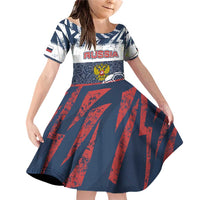 Personalized Russia Athletics Family Matching Off Shoulder Short Dress and Hawaiian Shirt with Soccer Ball, National Emblem, and Grunge Flag Design