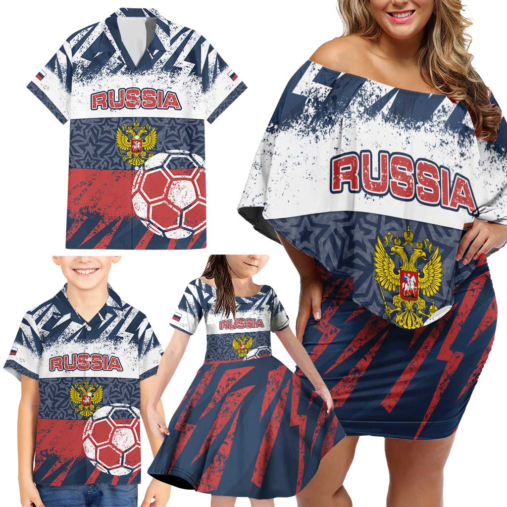 Personalized Russia Athletics Family Matching Off Shoulder Short Dress and Hawaiian Shirt with Soccer Ball, National Emblem, and Grunge Flag Design