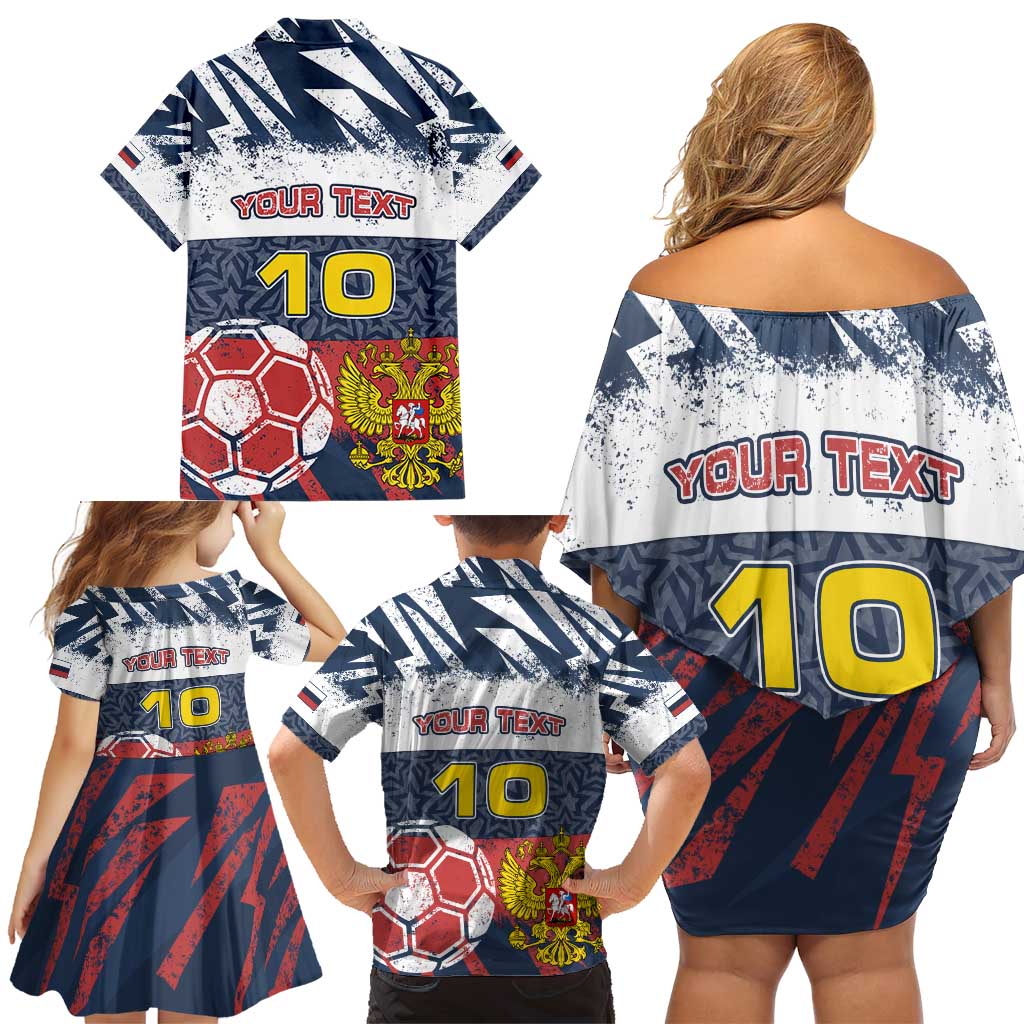 Personalized Russia Athletics Family Matching Off Shoulder Short Dress and Hawaiian Shirt with Soccer Ball, National Emblem, and Grunge Flag Design