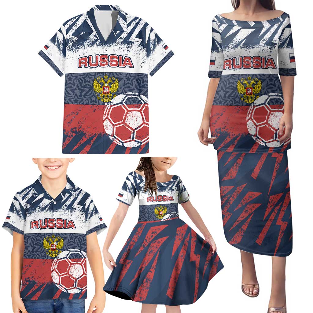 Personalized Russia Athletics Family Matching Puletasi and Hawaiian Shirt with Soccer Ball, National Emblem, and Grunge Flag Design