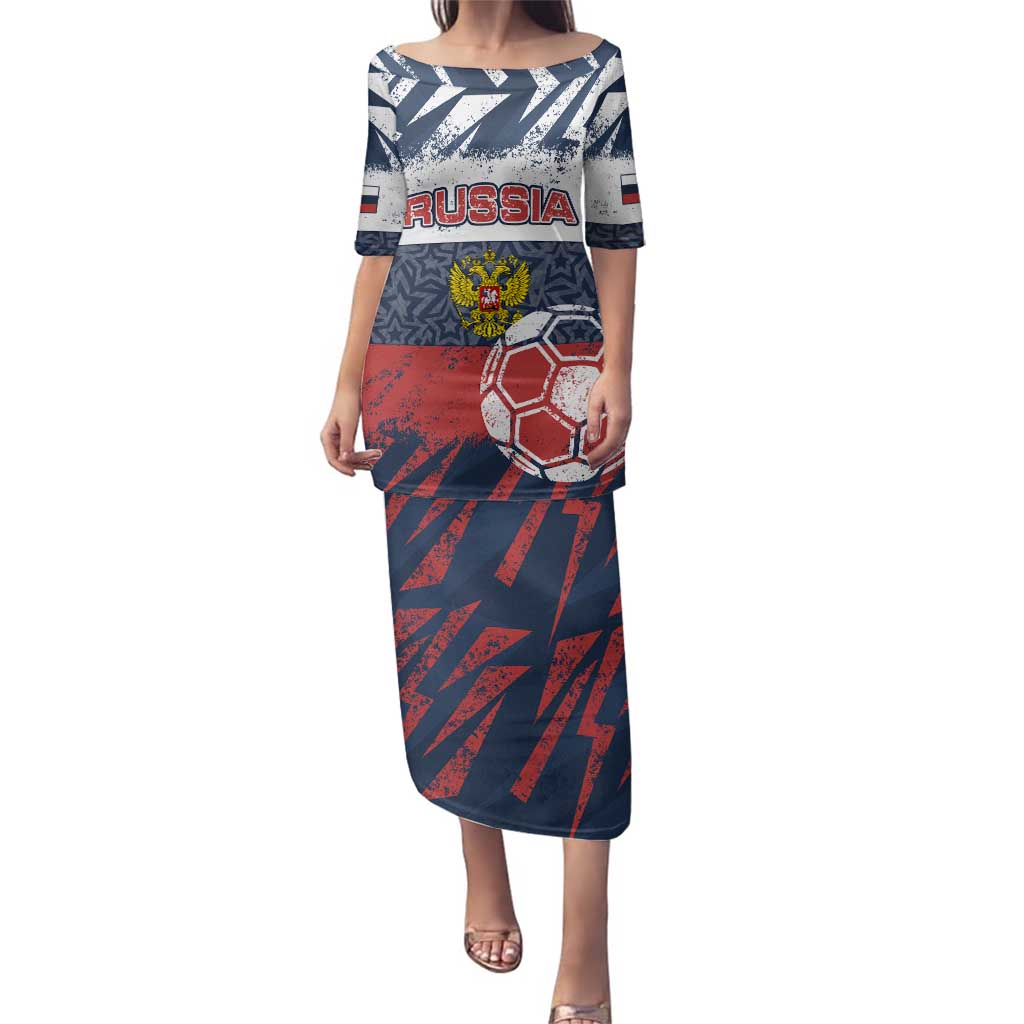 Personalized Russia Athletics Family Matching Puletasi and Hawaiian Shirt with Soccer Ball, National Emblem, and Grunge Flag Design