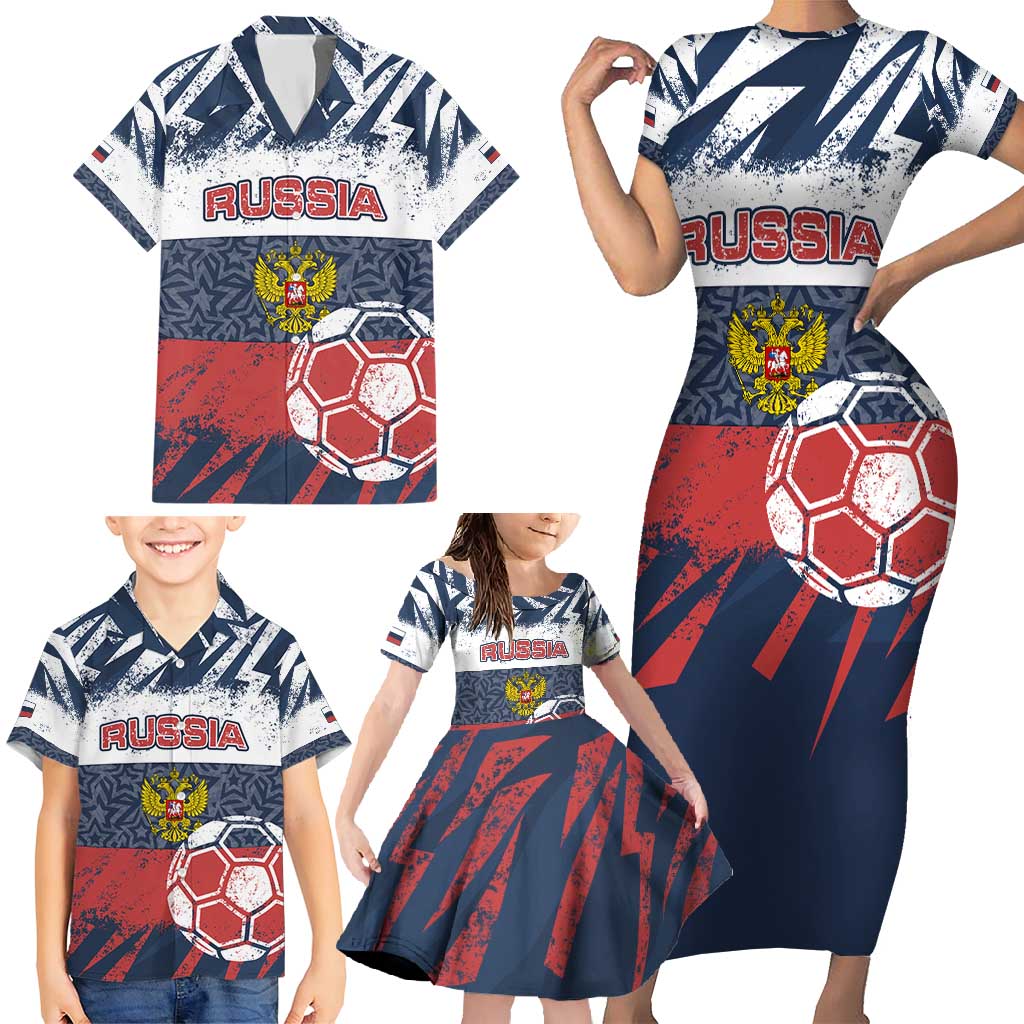 Personalized Russia Athletics Family Matching Short Sleeve Bodycon Dress and Hawaiian Shirt with Soccer Ball, National Emblem, and Grunge Flag Design