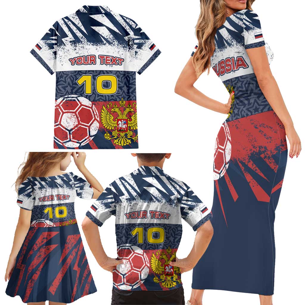 Personalized Russia Athletics Family Matching Short Sleeve Bodycon Dress and Hawaiian Shirt with Soccer Ball, National Emblem, and Grunge Flag Design