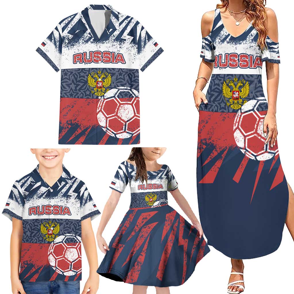 Personalized Russia Athletics Family Matching Summer Maxi Dress and Hawaiian Shirt with Soccer Ball, National Emblem, and Grunge Flag Design