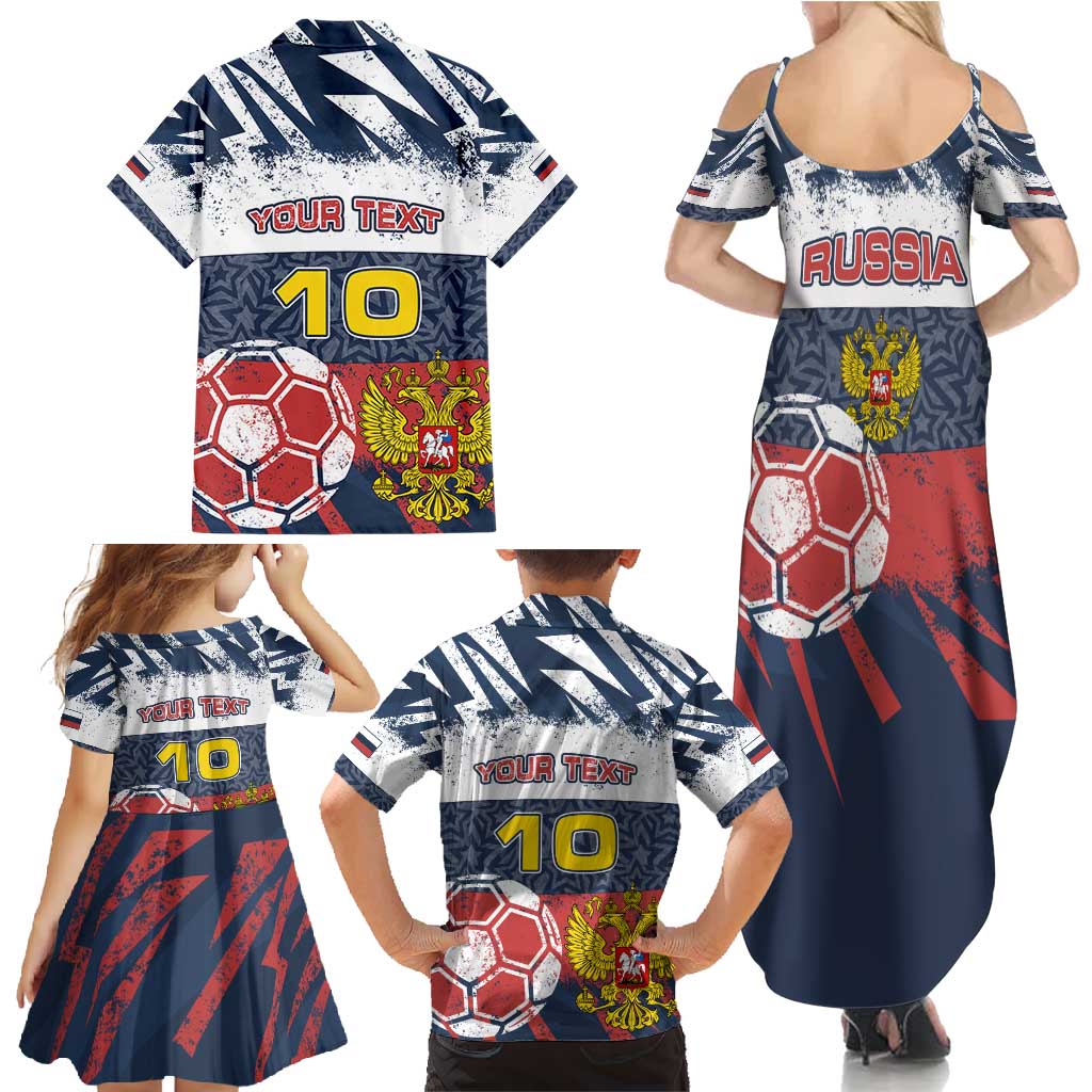 Personalized Russia Athletics Family Matching Summer Maxi Dress and Hawaiian Shirt with Soccer Ball, National Emblem, and Grunge Flag Design