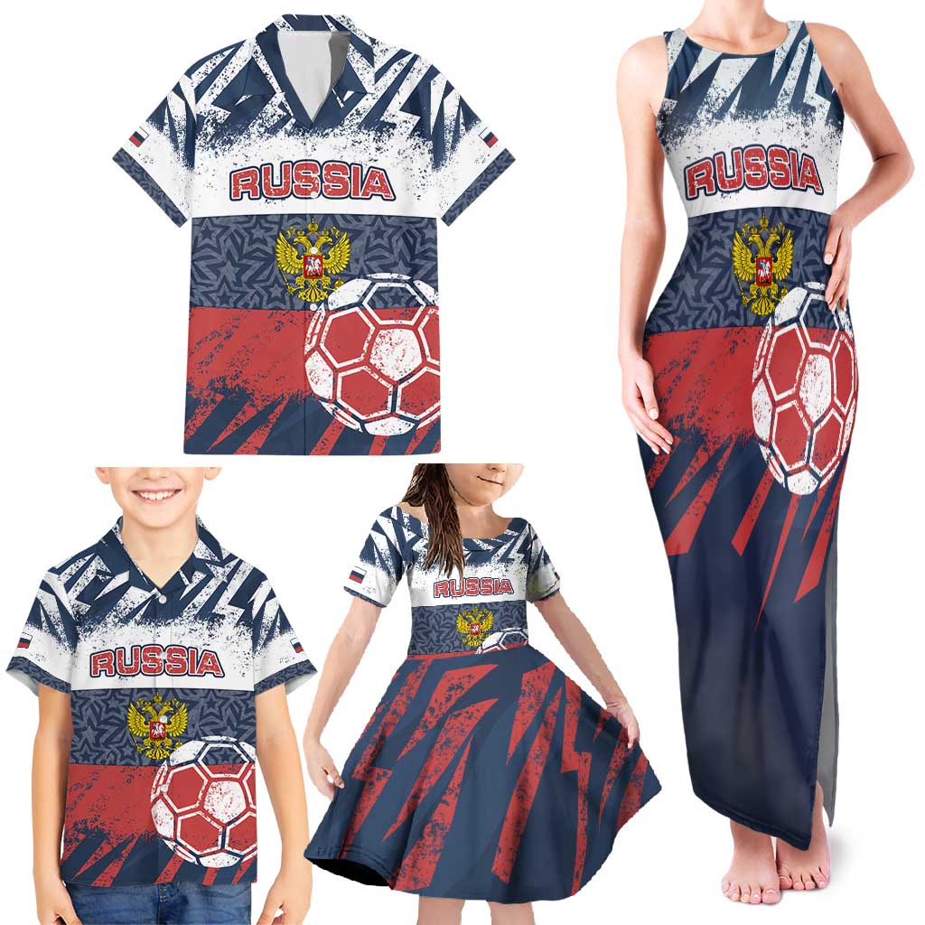 Personalized Russia Athletics Family Matching Tank Maxi Dress and Hawaiian Shirt with Soccer Ball, National Emblem, and Grunge Flag Design