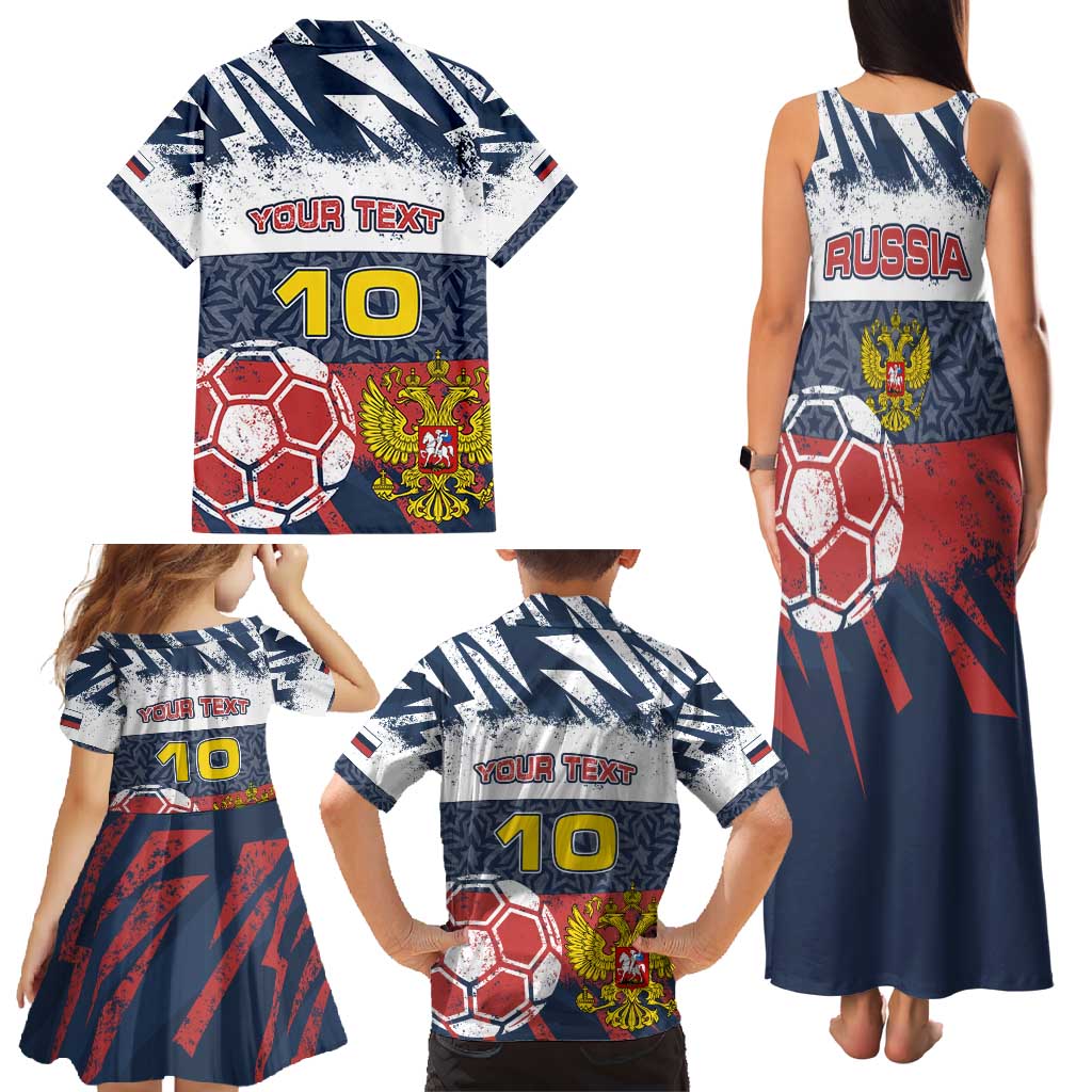 Personalized Russia Athletics Family Matching Tank Maxi Dress and Hawaiian Shirt with Soccer Ball, National Emblem, and Grunge Flag Design